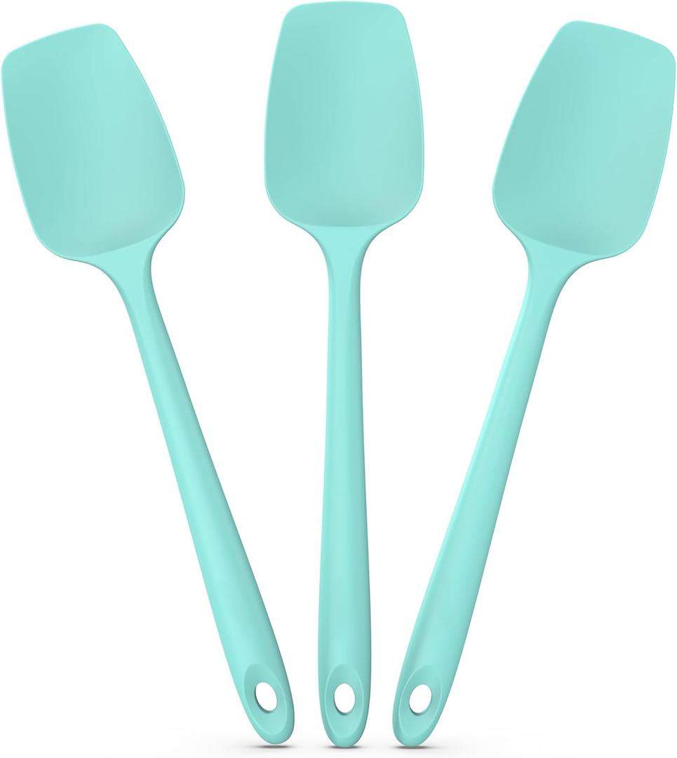 Silicone Spoon Spatula Spoonulas, 600F Heat Resistant Flexible Cooking Spoon Scoop Scraper for Cooking Mixing Baking Serving Stirring Flipping Nonstick Pan Pot (Set of 3, Aqua Sky)
