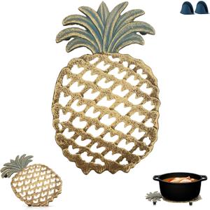 Cast Iron Trivets for Hot Dishes, Pineapple-Shaped Metal Trivets for Kitchen and Dining Protection, Decorative Tirvets with Pinch Mitts, Rubber Pegs