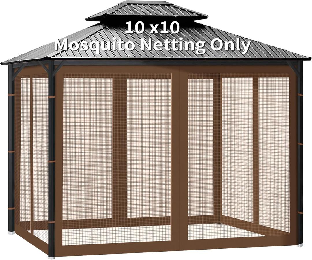 Gazebo Universal Replacement Mosquito Netting, 10' x 10' Outdoor Canopy Net Screen 4-Panel Sidewall Gazebo Curtains, with Zippers, Easy to Install, Fit for Most Gazebos 10x10 CanopyPatio Brown