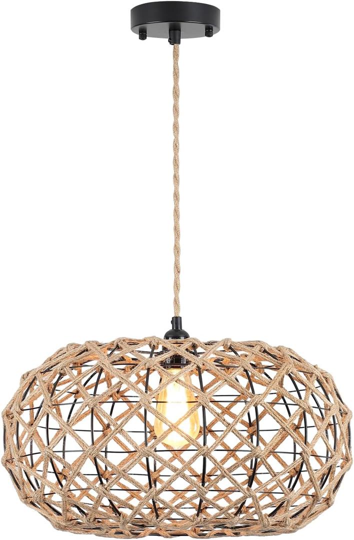 Coastal Large Woven Pendant Light Fixture 17.8 inch One-Light Rustic Basket Handmade Hemp Rope Pendant Lighting for Kitchen Island Farmhouse Living Room Dining Room
