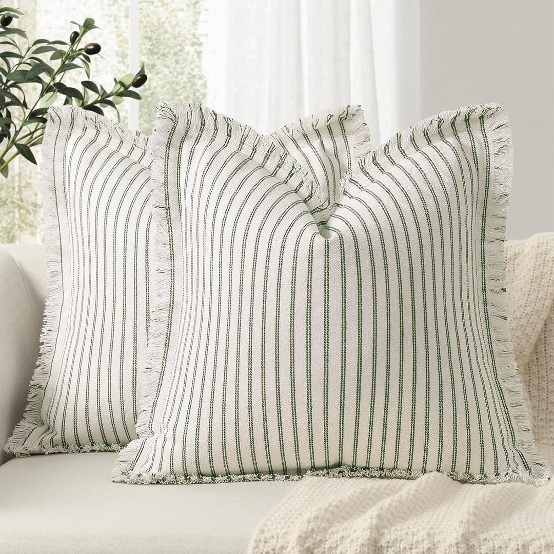 ZWJD Throw Pillow Covers 16x16 Set of 2 Striped Pillow Covers with Fringe Chic Cotton Decorative Pillows Square Cushion Covers for Sofa Couch Bed Living Room Farmhouse Decor, (Olive Green)