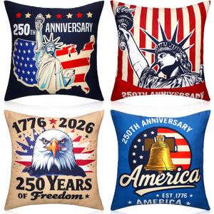Mindsoft 250th Anniversary Patriotic Pillow Covers 18x18 Inch Set of 4 American Flag 4th of July Pillow Cover Red White and Blue 1776-2026 Pillowcase for Memorial Day Independence Day Sofa Couch Decor