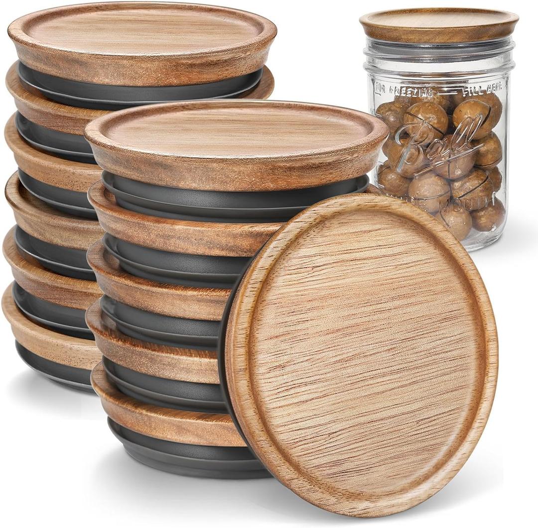 6 Regular Mouth and 6 Wide Mouth Wooden Mason Jar Lids for Ball/Mason Jars, Reusable Acacia Wood Mason Jar Lids with Airtight Silicone Seal Perfect for Dry Food Storage (6PCS-Regular + 6PCS-Wide)