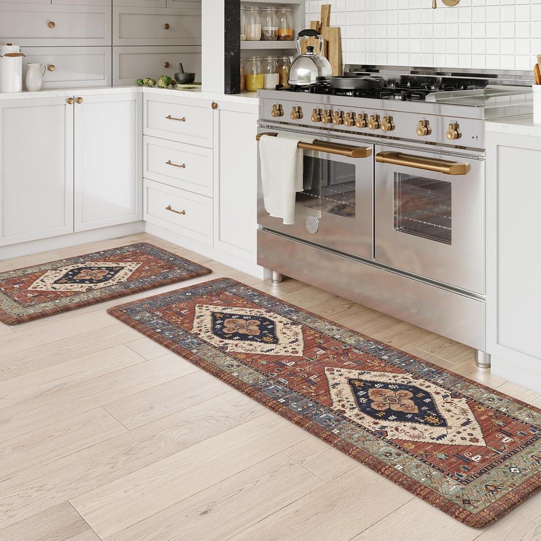 KIMODE Anti Fatigue Kitchen Mats for Floor, Red Boho Distressed Kitchen Rugs Sets of 2, Non Slip Waterproof Kitchen Floor Mats, Comfort Mats for Kitchen Floor Sink Laundry Desk 20"x59"+20"x32"