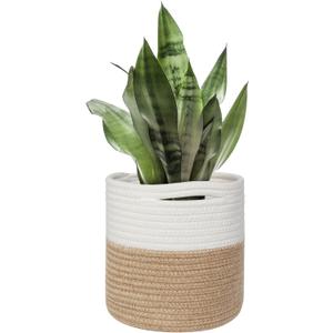 Small Wicker Plant Basket Indoor, 8"x8" Jute Spliced Cotton Rope Basket Planter Up to 7" Pot, Modern Flower Tree Pots Cover, Small Floor Woven Planters, Home Decor Storage Bin (White and Jute)