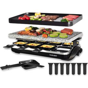 TAMARIT Raclette Table Grill Portable 3 in 1 Korean Barbecue BBQ Electric Indoor Griddle with Non-Stick Reversible Plate and Cooking Stone for Steak 1400W Raclette Grill for 8 Person, Black