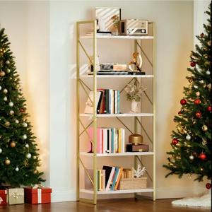 DWVO Gold Bookshelf, Modren 5 Tier Bookcase, Storage Shelves Organizer Standing Shelf, Display Rack Book Shelves for Bedroom,Living Room,Office,Kitchen, Gold, 11.8"d X 23.6"w X 62.2"h