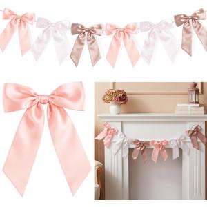 Boao Satin Bow Garland Banner 6.6ft Hanging Bow Party Decorations for Birthday Coquette Party, Valentine Christmas Baby Shower, Wedding, Bridal Shower Holiday Photo Backdrop Decor(Pink White)