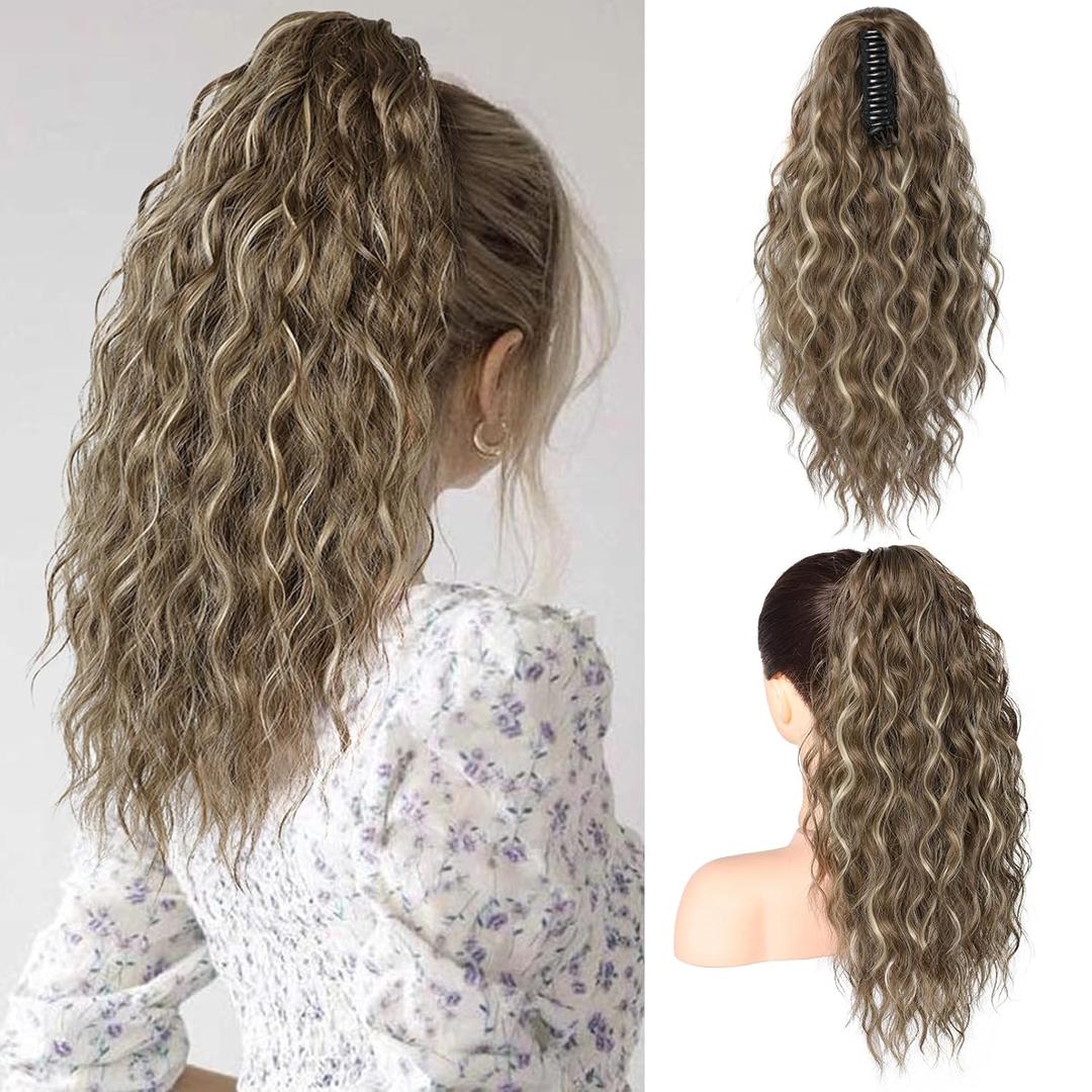 SEIKEA 18" Ponytail Extension Claw, PT002 Tia Long Multi Layered Hair FluffyThick Wavy Curly Clip in Hair Extensions Ponytail Natural Soft Synthetic Hairpiece Medium Brown Ash Blonde Highlights