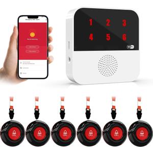 WiFi Caregiver Pager Wireless Call Button Life Alert Systems for Seniors No Monthly Fee with LED Number Display Alert Button for Elderly Patient Disabled 6 Button 1 Receiver(only Supports 2.4GHz WiFi)
