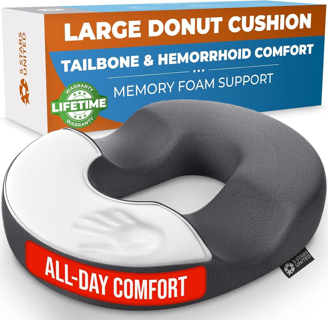 5 STARS UNITED Donut Pillow Hemorrhoid Tailbone Cushion  Large Floor Cushion for Pain Relief  Coccyx, Prostate, Sciatica, Pelvic Floor, Pressure Sores, Pregnancy, Postpartum Recovery, Dark Gray
