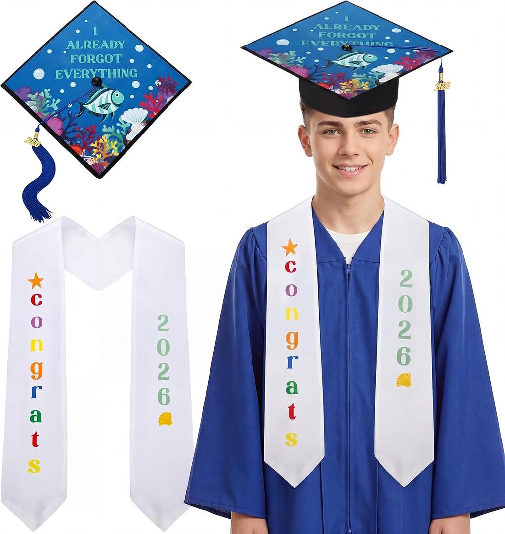 2 Pcs Graduation Cap and Stole Set Class of 2026 Grad Cap with Tassel and Sash for High School College