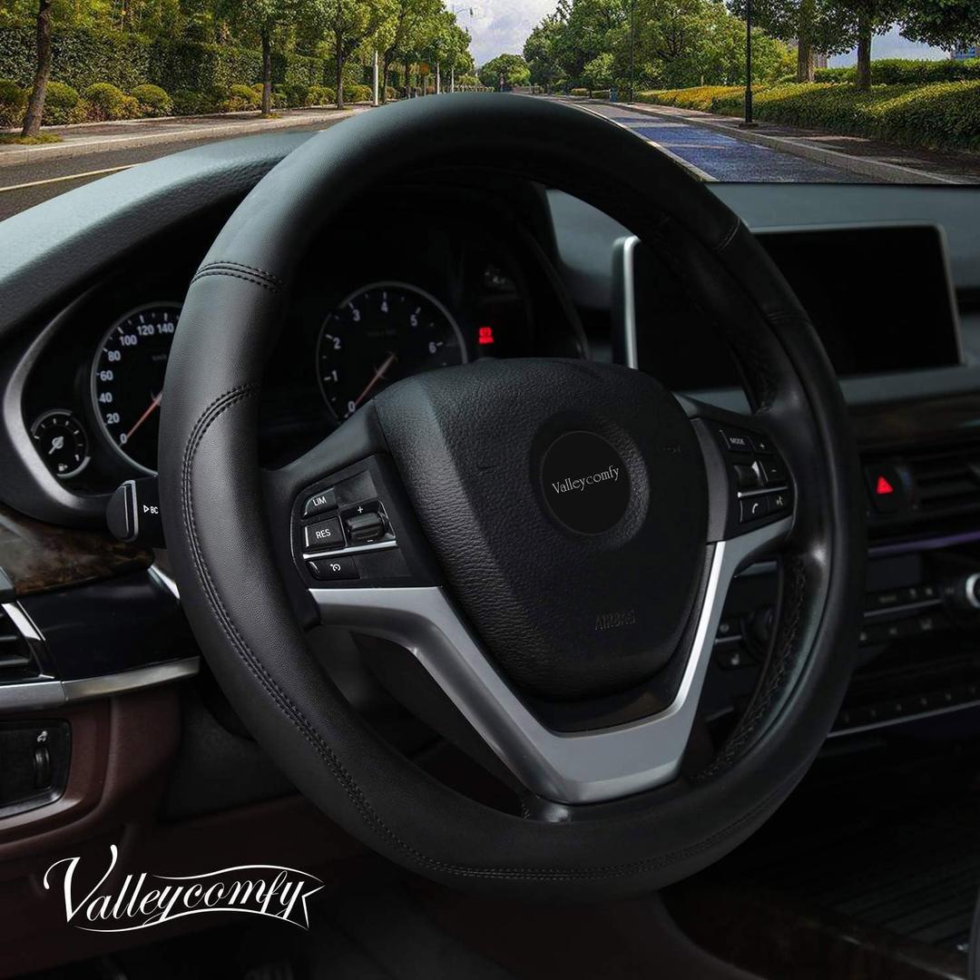 Valleycomfy Microfiber Leather Steering Wheel Cover Universal 15 inch (Black) (Medium(Standard) Size[14.5"-15"])