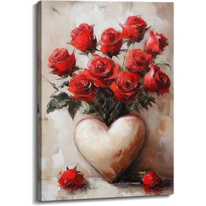 Red Rose Wall Art Romantic Valentines Canvas Prints Rustic Flowers with Love Vase Picture Vintage Painting Bathroom Living Room Bedroom Wall Decor Framed(16.00"x24.00")