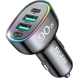 Car Charger USB C, 4 Port 90W Super Fast Charging for iPhone 17 Car Adapter, Dual PD 45W Type C & QC 3.0 USB A Multiport Car Cigarette Lighter Accessories for iPhone 16 15 14 13 12, iPad, Galaxy S26