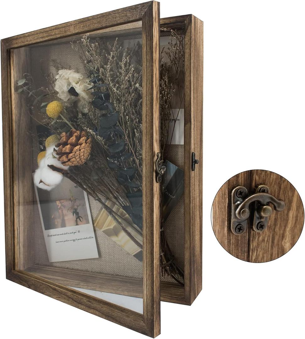 GraduatePro Shadow Box Frame 11x14 Display Case with Linen Back, Real Glass Window Door with Hinge, Picture Frame Wedding Bouquet Memorabilia Medals Photos Memory Box for Keepsakes, Carbonized Black (11"x14"(28x35 cm))