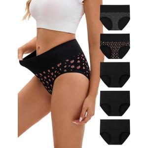 INNERSY Women's Underwear Cotton Soft Underwear High Waisted Breathable Briefs 5 Pack(X-Large, Black Rose)