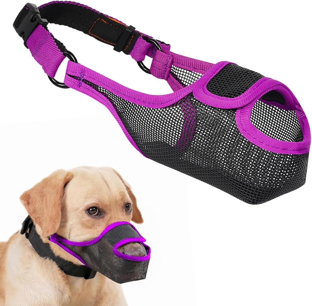 LUCKYPAW Dog Muzzle, Patented Mesh Muzzle for Large Medium Small Dogs Allows Full Pant Drinking Mouth Cover to Prevent Biting Chewing Scavenging Adjustable Breathable Mouth Guard(Purple, M) (M-Snout:8.75-9.5")