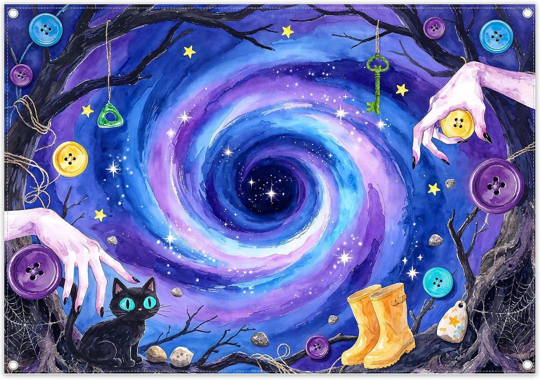 Fabric 7x5ft Horror Movie Halloween Backdrop | Spooky Cartoon Button Black Cat Photography Background, Space Galaxy Banner, Kids Birthday Party Decorations, Photo Props