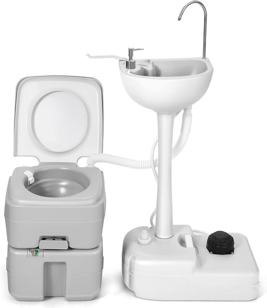 YITAMOTOR 17L Portable Sink for Washing Hands and 5.28 Gallon Portable Toilet, RV Camping Toilet With Level Indicator & Rotatable Spout for Adults, Travel, Boat, Gather, Wedding, Worksite, 4.5Gal+5.3Gal