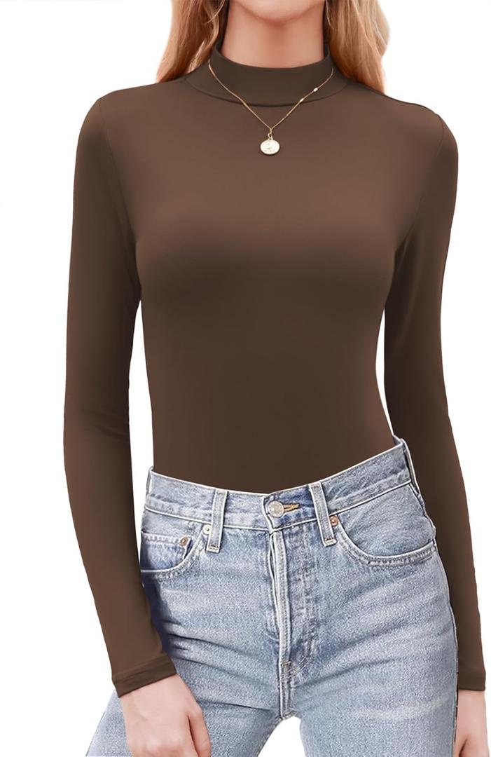 Zeagoo Womens Long Sleeve Shirts Mock Neck Basic Slim Fitted Tops Lightweight Stretch Base Layer T-Shirt (Medium, Brown)