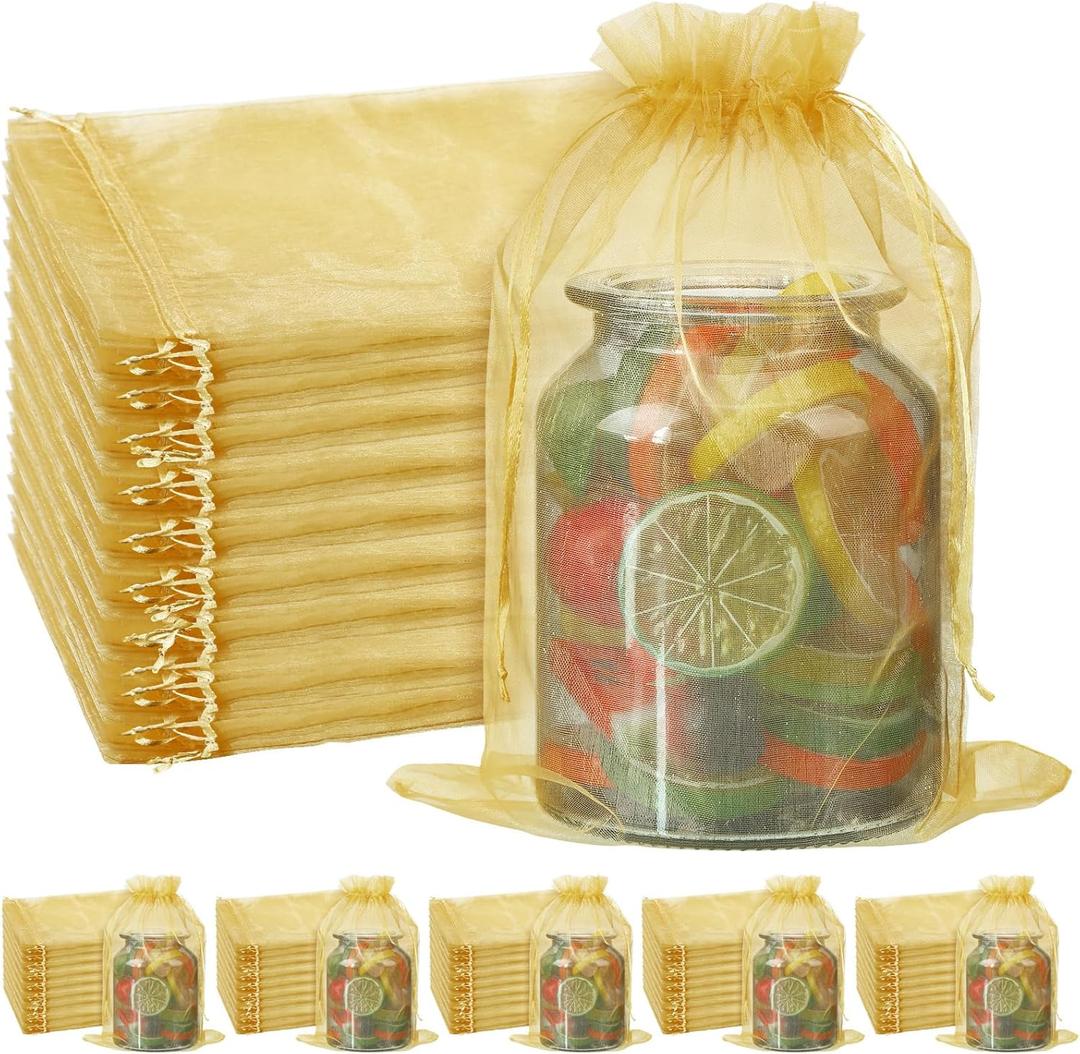 Windyun 100 Pcs Gold Large Organza Bags Bulk 12 x 8 Inch Sheer Mesh Drawstring Gift Packaging Pouch Bags for Christmas Wedding Game Party Favor Supplies