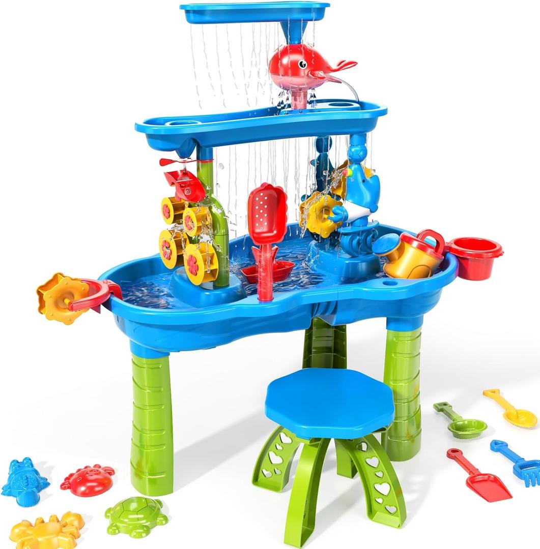 TEMI Toddler Water Table | Kids Sand and Water Table | 3-Tier Outdoor Water Play Table Toys for Toddlers Kids 