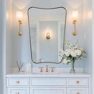 Gold Vanity Mirror, 26x38 Inch Brushed Gold Asymmetrical Wall Mirror, Antique Brass Bathroom Mirror in Anti-Rust Stainless Steel Metal Frame, Large Decorative Mirror, Butterfly Shape