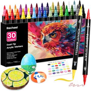 Recheel 30 Colors Acrylic Paint Markers, Dual Tip Fine and Brush Tips for Detailed Art, Crafting, Rock Painting, Wood, Glass, Ceramic, and More