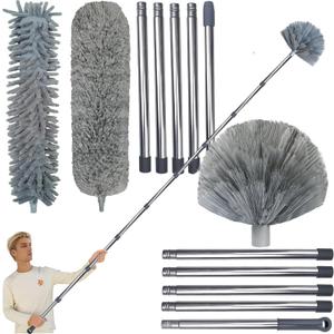 20+ Feet High Reach Duster Kit with 3-14 ft Extension Pole for Cleaning Fan, Spider Web, High Ceiling, Blinds, Furniture, Cars - Cobweb Microfiber Duster // Outdoor & Indoor Extendable Duster