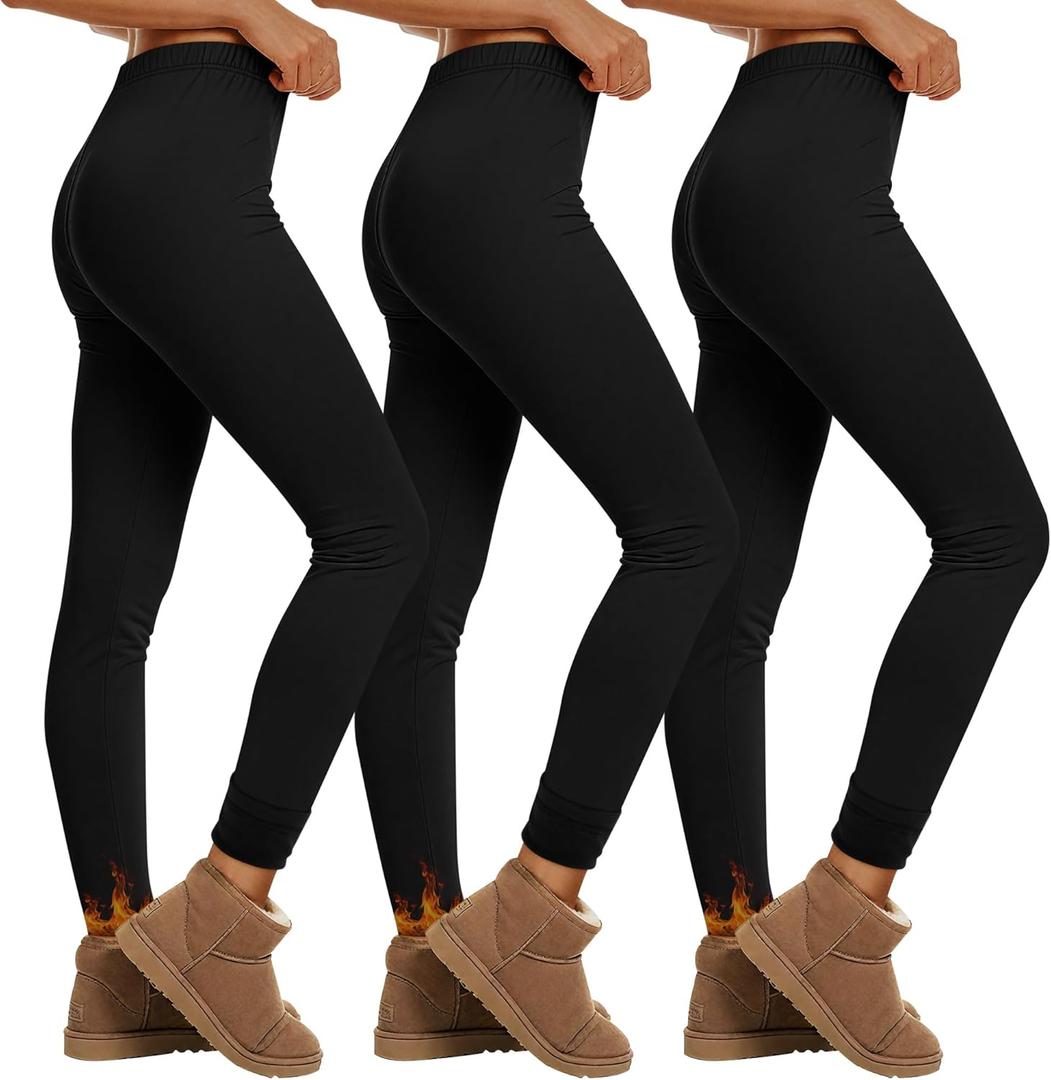 3 Pack Fleece Lined Leggings for Women Winter Warm Thermal High Waisted Tights Stretchy Casual Lounge Pants (Medium, Black)