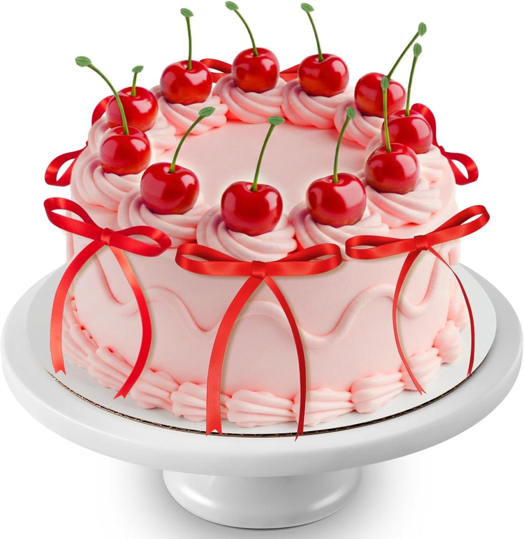 Chunful 24 Pcs Red Cherry Cake Decorations and Bow Fake Cherries Cake Toppers Artificial Fruit Decor for Birthday Party Decorations Valentines Bridal Wedding Party Supplies