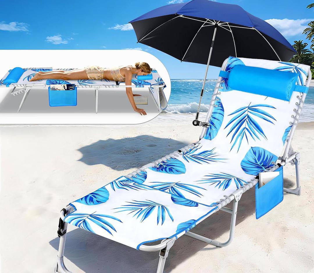 Luxfero 3-in-1 Beach Lounge Chair with Umbrella, Sun Tanning Chair with Face Hole&5-Position Recliner, Folding Lounge Chair Outdoor Lay Flat, Max 350lbs,Portable Tanning Chair with Pillow&Pocket-White