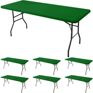 Fitted Tablecloth for 6 Foot Rectangle Tables-6 Pack Green Elastic Outdoor Picnic Table Cover-Spandex Stretch Christmas Table Cloths 6 ft for Camping Dining Room Patio Kitchen Banquet Party