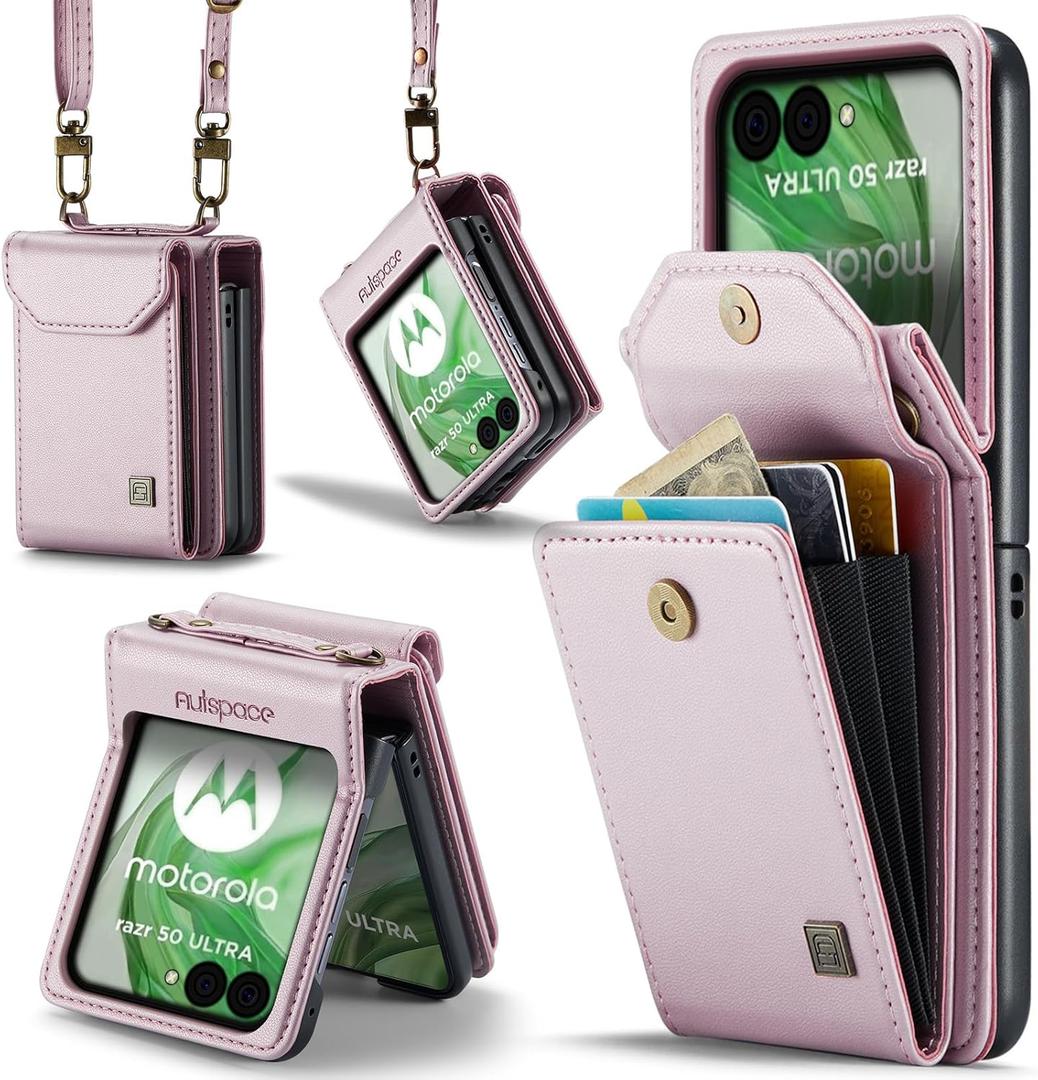 ASAPDOS Crossbody Case Compatible with Moto Razr+ Plus 2024/2025,Retro PU Leather Strap Wristlet Flip Case with Magnetic Closure and Card Holder for Men Women Rose Gold