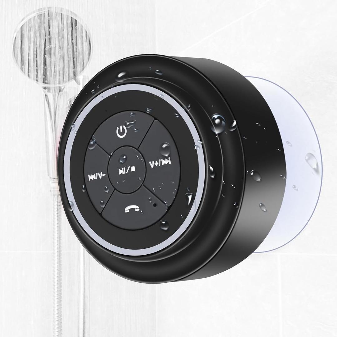 Waterproof Shower Speaker, Portable Bluetooth Speaker with Suction Cup, IPX7 Waterproof Wireless Speaker Teen Boys Gift Ideas for Shower Bathroom, Pool, Travel, Beach (Black without Light)