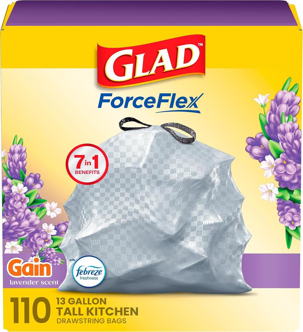 Glad ForceFlex Tall Kitchen Trash Bags, 13 Gal, Gain Lavender with Febreze, 110 Ct 