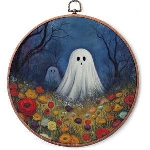 Vintage Round Wall Art Decor, Cute Ghost Retro Framed Art, Vintage Ghost Print Canvas Framed Wall Art, Round Hanging Decor for Living Room Bedroom, 10x10