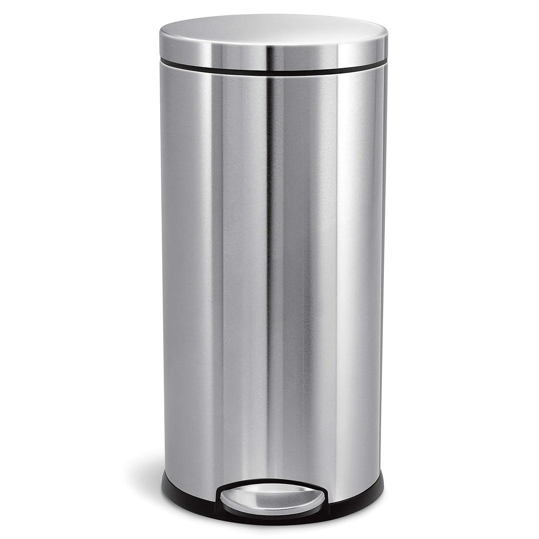 simplehuman Round Step Can, 30L / 8 Gallon Kitchen Trash Can, Iconic Round Shape, 150,000-Step Pedal, Lid Shox® Silent Close, Removable Inner Bucket, Brushed Stainless Steel