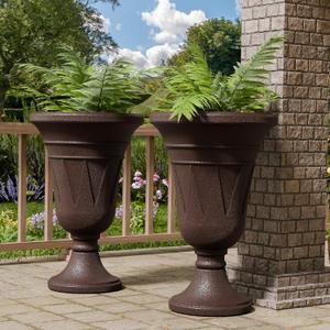 23.6" Tall Plastic Urn Planters for Outdoor Plants, Set of 2 Heavy-Duty Classic Indoor Large Flower Pots with Drainage Holes & Trophy Design, Outdoor Planters for Porch, Home Garden, Brown, 19.69"D x 15.75"W x 23.62"H