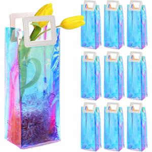 Frcctre 10 Pack Holographic Gift Bags with Handle, 13" H x 5.5" L x 3.75" W Reusable Clear PVC Gift Wrap Bags Wine Gift Bags for Birthday Christmas Weddings Housewarming Bachelorette Party