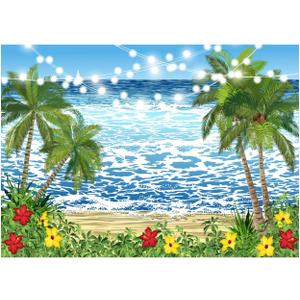 7x5FT Summer Beach Backdrop Tropical Flower Palm Tree Seaside Landscape Decoration Backdrop Storm Sea Wave Illustration Light String Backdrop Wedding Baby Shower Backdrop XY22