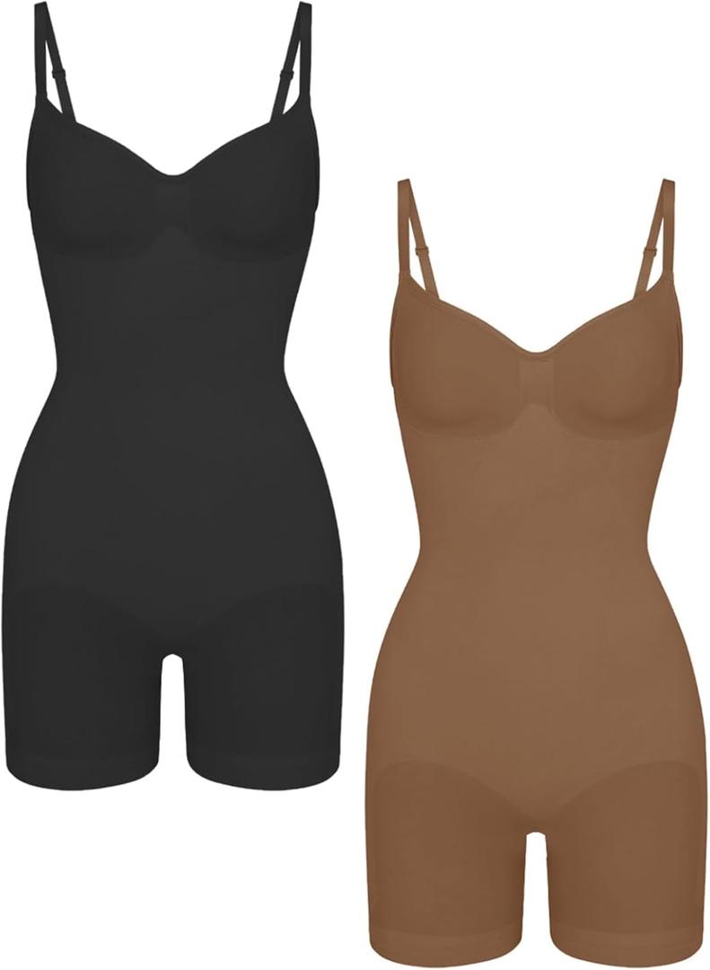 EUYZOU Shapewear Bodysuit for Women Tummy Control Seamless Sculpting Body Shaper Top (X-Small-Small, Black/Coffee 2pk)