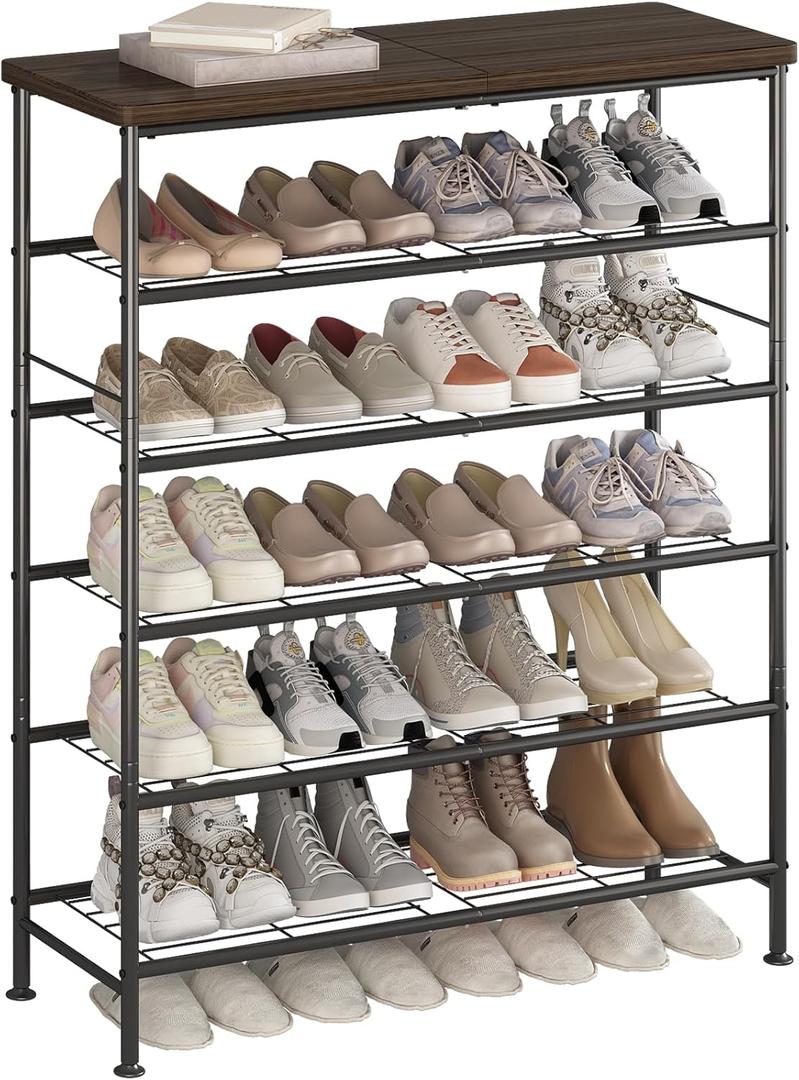 Shoe Rack Organizer 6 Tier for Closet Entryway Free Standing Metal Storage Shoe Shelf with MDF Top BoardBlack (Black+rustic Brown)