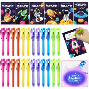 24 Pack Valentines Day Gifts for Kids,Invisible Ink Pen with UV Light and Space Astronaut Valentines Cards Bulk Spy Pen for Kids Boys Girls Classroom Exchange Prizes Party Favors Toys