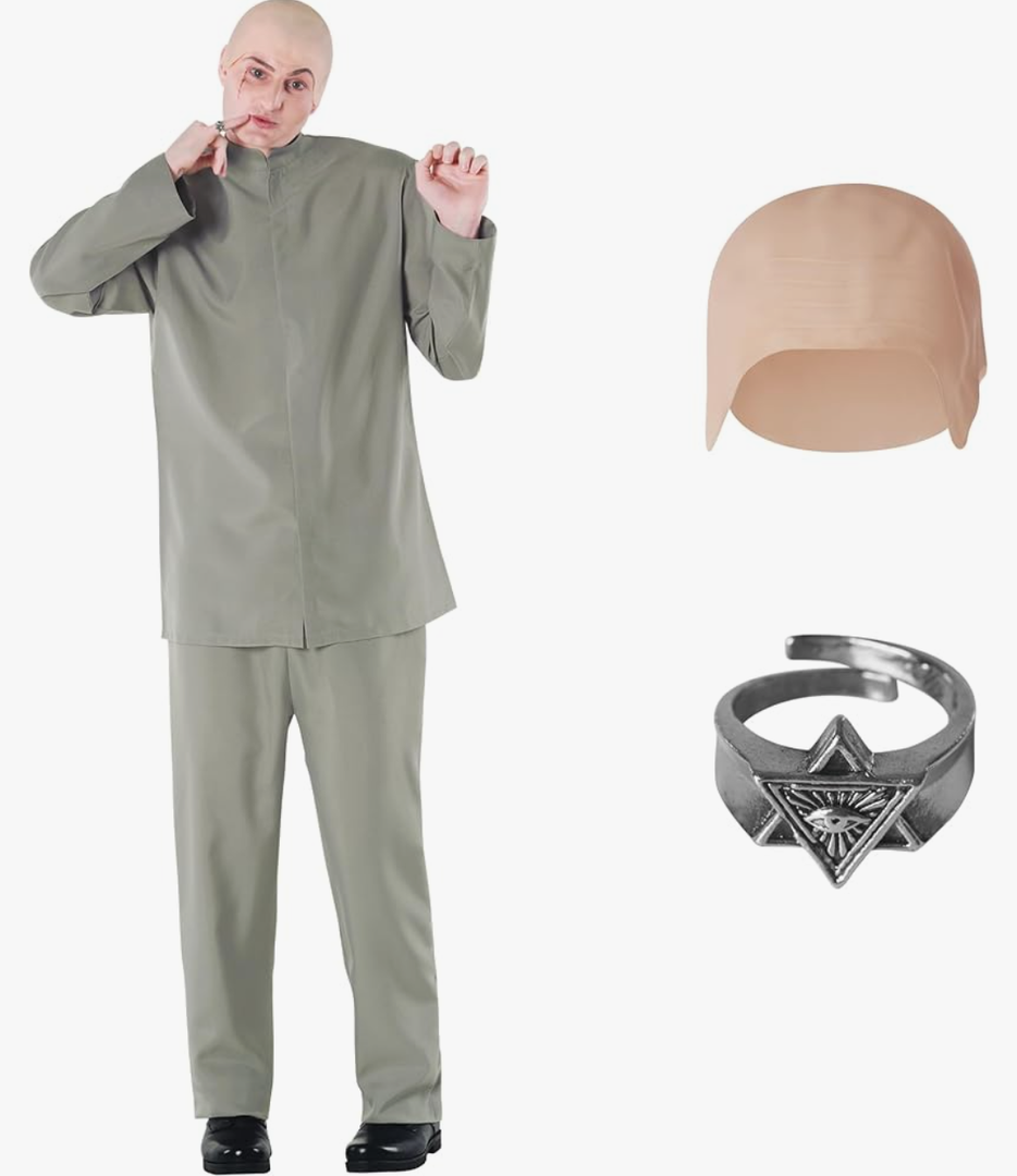 Morph Grey Villain Costume With Baldcap, 60s Costume Men, Funny Halloween Costumes For Men, XXL