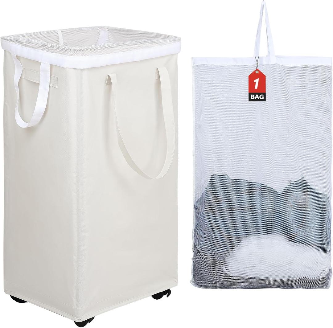 DOKEHOM 90L X-Large Laundry Basket with Removable Wash Bag on Wheels, Collapsible Rolling Laundry Hamper, Foldable Clothes Organizer, Folding Washing Bin (Beige)