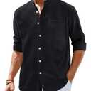 Alimens & Gentle Men's Cotton Linen Shirts Long Sleeve Button Down Shirt Band Collar Beach Shirts Black.L