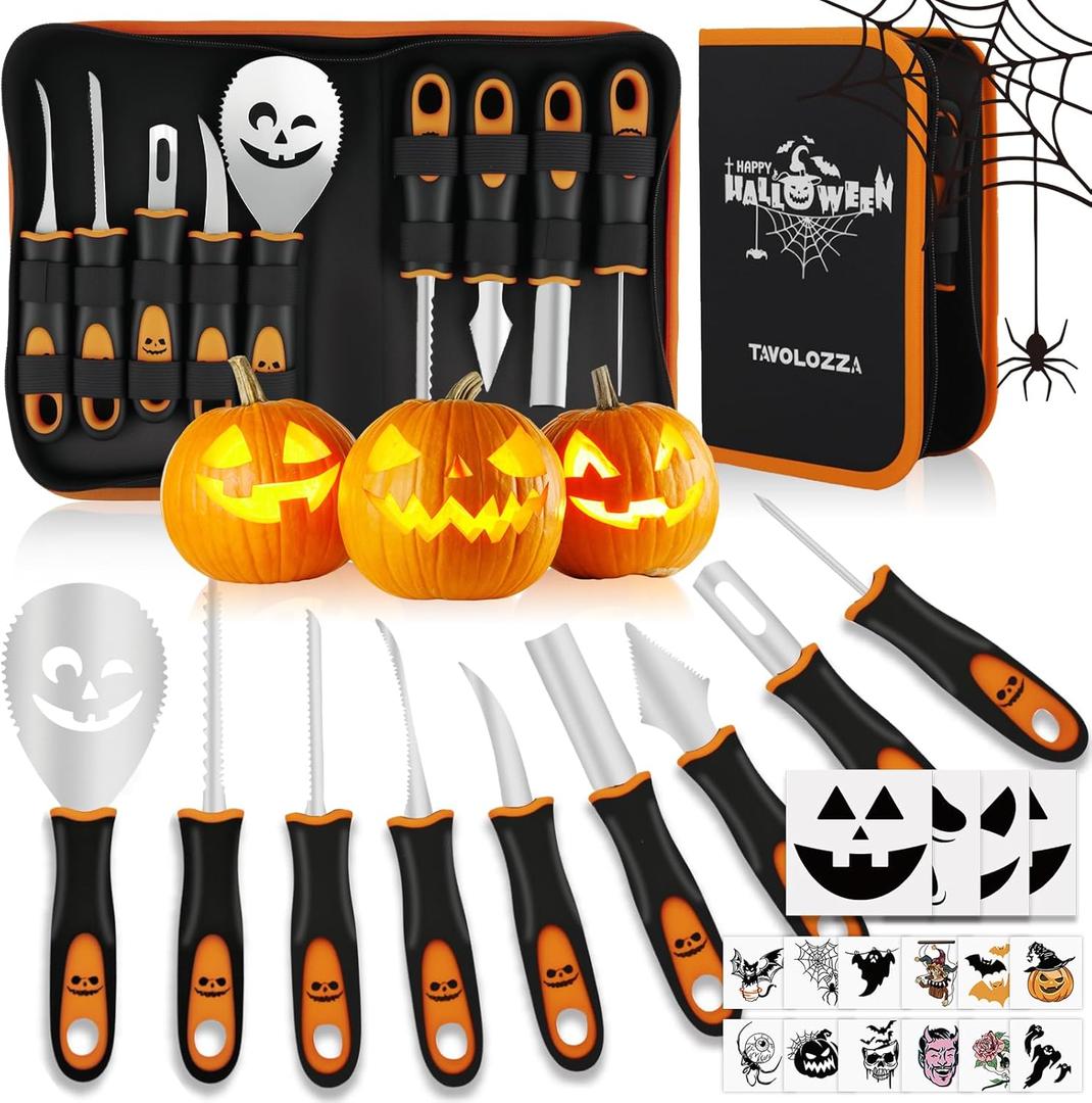Tavolozza Fine Arts Professional Pumpkin Carving Kit, 26 PCS Heavy Duty Stainless Steel Tools with 9 Knives, Saw & Scoop, Halloween Carving Set with Stencils for Adults & Kids to DIY Jack-o-Lanterns