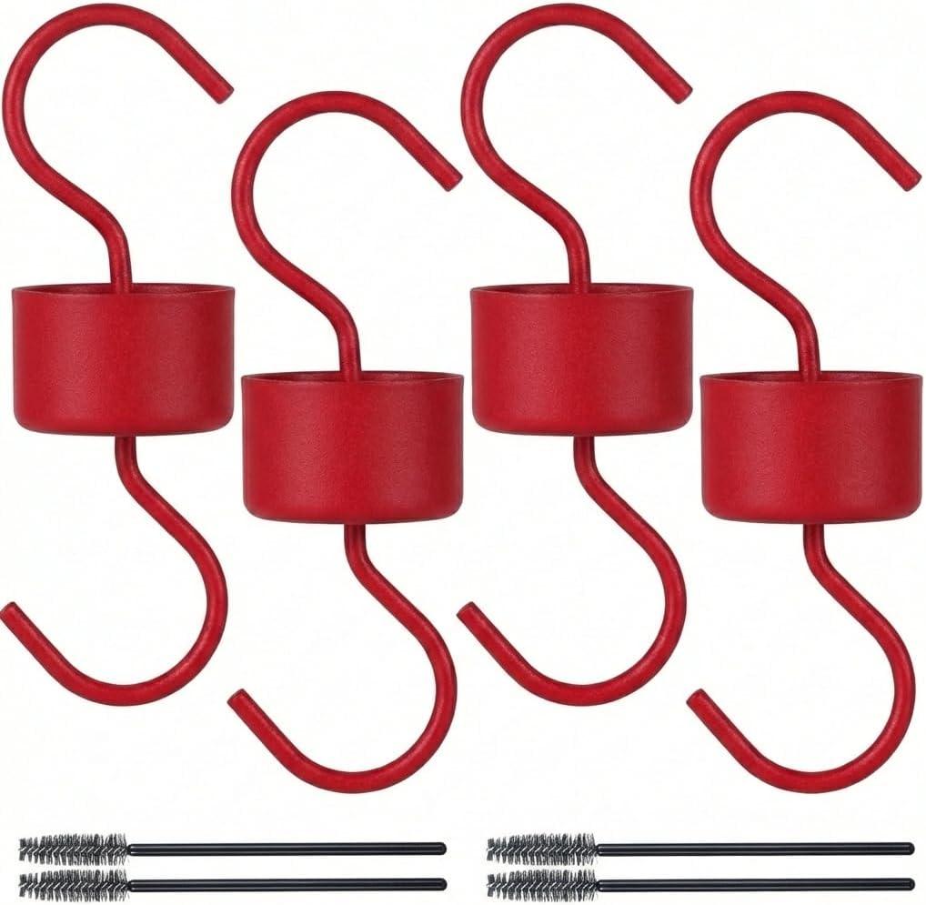 Metal Ant Moat for Hummingbird Feeders (4 Pack), Ant Guard Hook with Leak-Proof Design, Includes 4 Cleaning Brushes, Weather-Proof Red Metal Hooks for Outdoor Bird Feeding Supplies